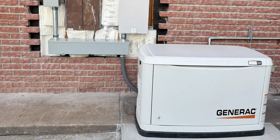 Generac standby generator on a concrete pad beside a house, with the transfer switch mounted in the wall behind it